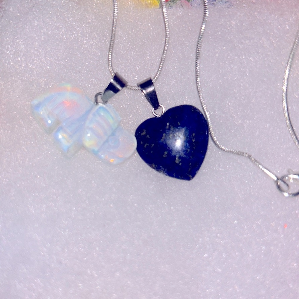 Boho hippie Blue Lapis Lazuli Heart and Opal Elephant Sterling Silver Neckl…